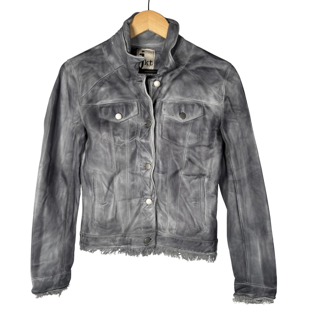 JKT NYC Womens Grey Genuine Leather Fringed Jacket Size XS 'Alexa Patina' Moto